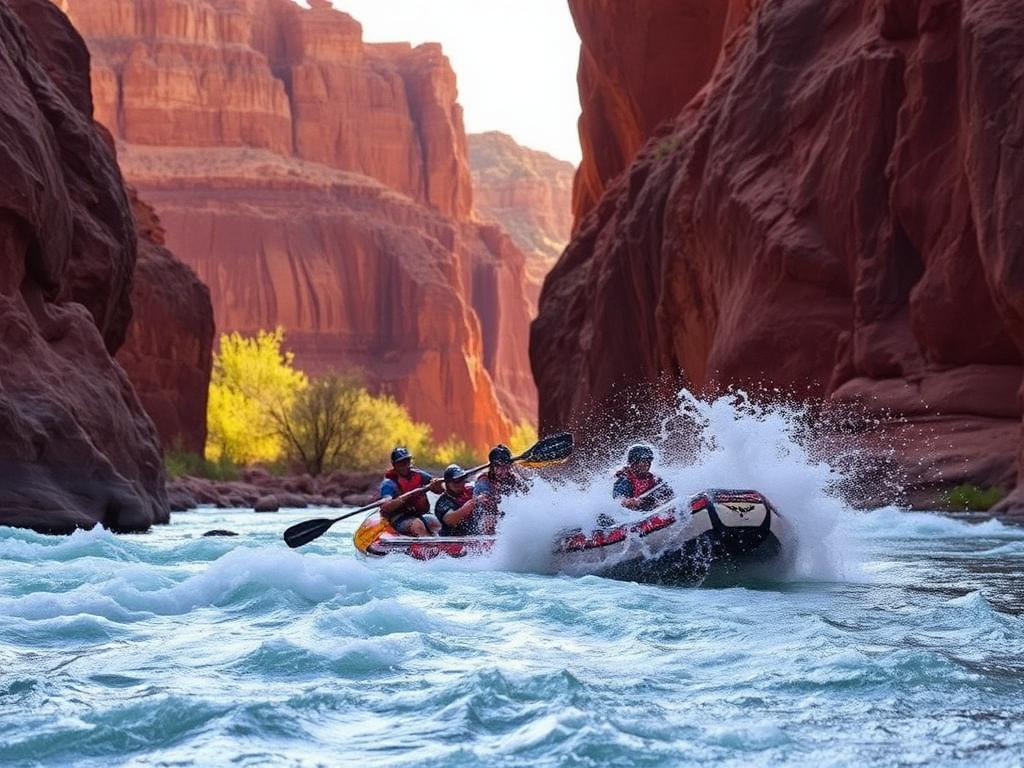 Rafters running whitewater rapids through a red rock canyon