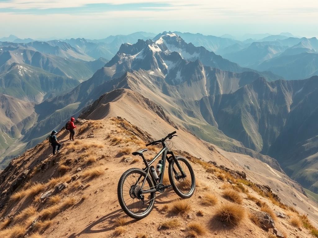 Hikers and a mountain bike on a high alpine ridge trail
